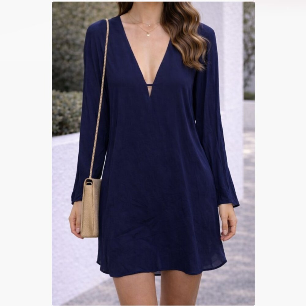 ASTR Blue Long Sleeve Mini Dress XS Deep V Flowy Shift Boho Chic